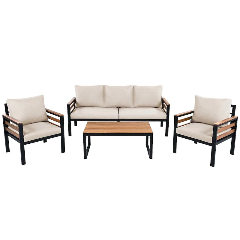 4-Piece Outdoor Sofa Set for 5 with Solid Wood Coffee Table and Removable Cushions
