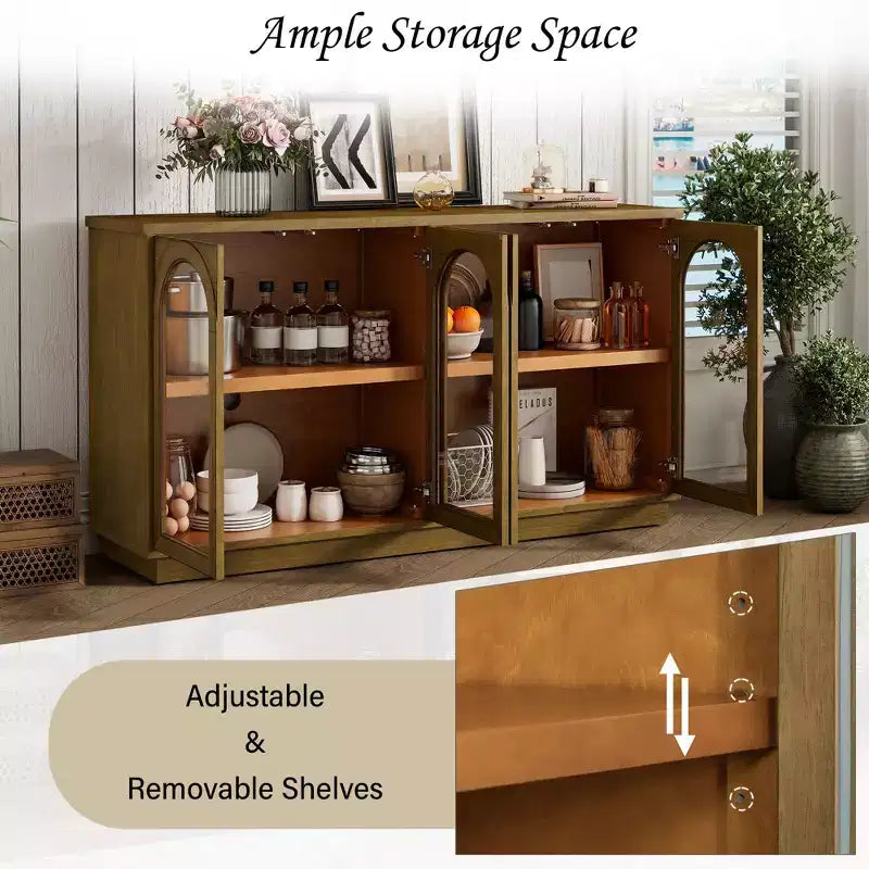4-Door Large Storage Buffet Cabinet with Glass Doors, Arched Cabinet with Adjustable Shelves for Kitchen