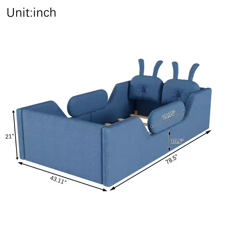 Whisen Twin Platform Bed, Kids Floor Upholstered Bed Frame with Rabbit Cushion, Removable Side Rails