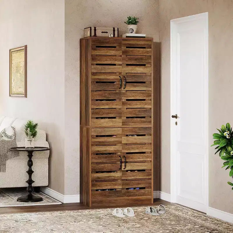 Lantine Meuble à chaussures haut 70,8" avec portes persiennes, meuble de rangement vertical pour 27 paires de chaussures à 9 niveaux