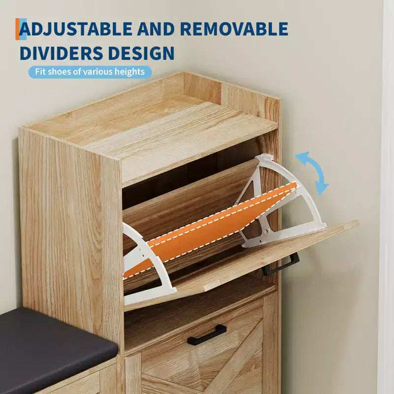 Bench with 4 flip-up drawers and padded seat cushion, Wooden narrow shoe storage rack, Suitable for living room entryway bench