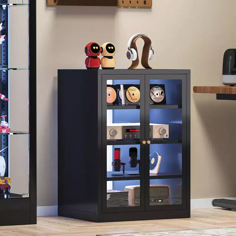 Bekrvio Metal Media Cabinet, 4-Tier Stereo Cabinet with Glass Doors & Adjustable Shelves, Audio AV Rack with Cable Management