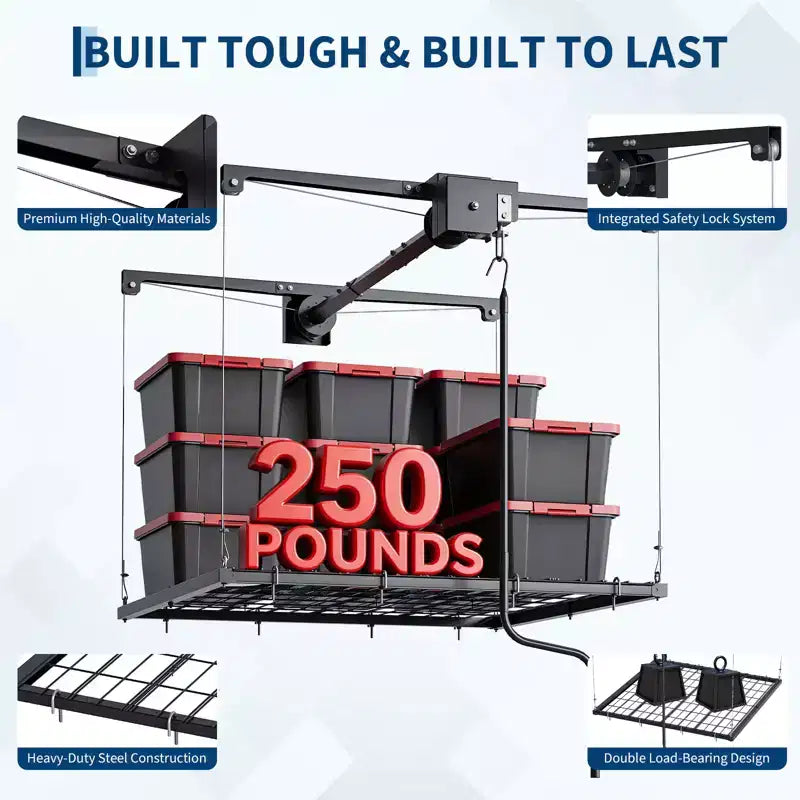 Adjustable Heavy-Duty Overhead Garage Storage Rack, Ceiling-Mounted with Safety Lock, 250 lb Capacity for Bins, Tools, Bikes, and Garage