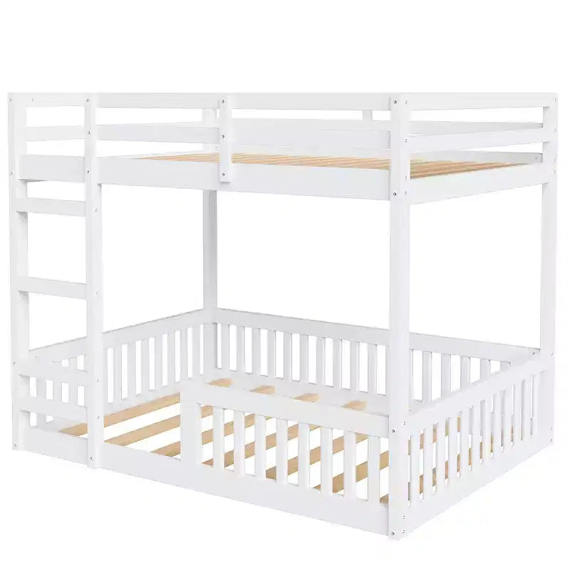 Full over Full Wooden Bunk Bed with Ladder and Guardrails, Low Floor Full Size Bunk Beds with Slats Support