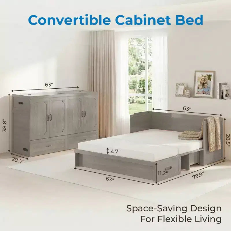Mjkone Queen Size Convertible Murphy Cabinet Bed with Mattress, USB Charging, Storage Drawers