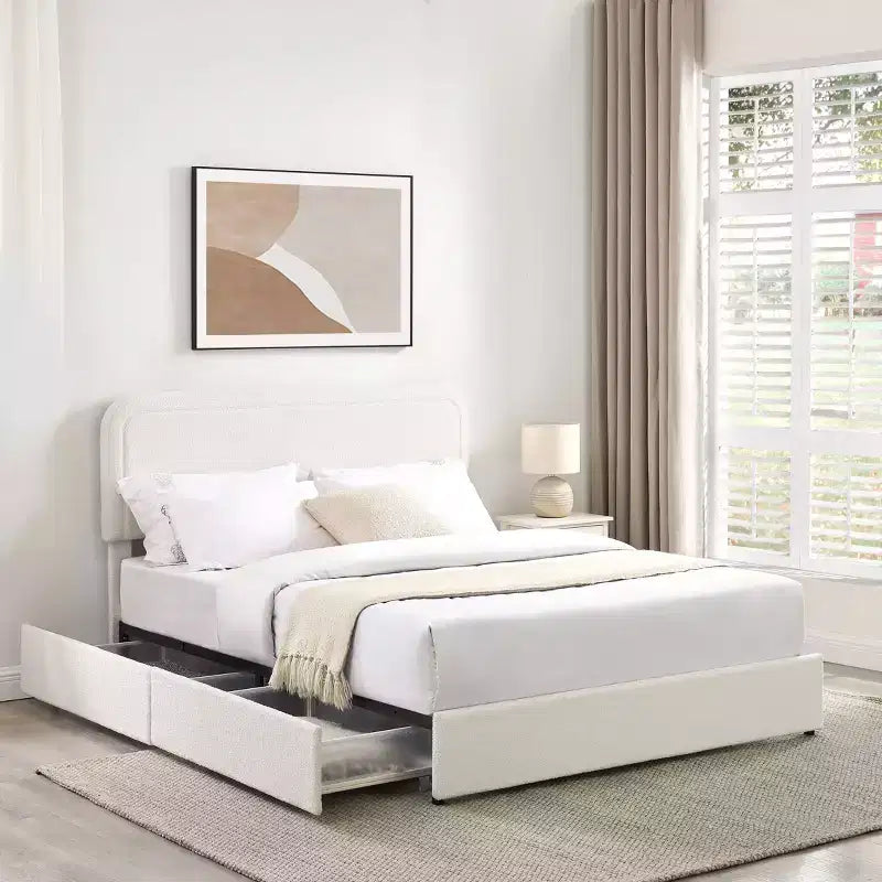 Modern Boucle Upholstered Queen Size Bed with Storage Drawers