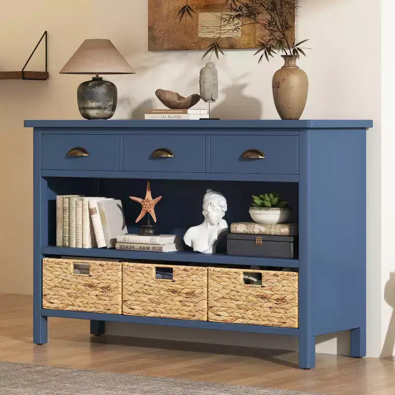 Entryway Console Table with Storage, Farmhouse Hallway Table with 3 Drawers and 3 Water Hyacinth Baskets for Living Room or Foyer - Panipeachy
