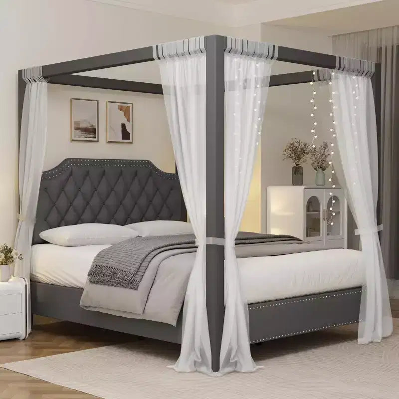 Queen Size Canopy Bed Frame with Poles 4 Corner Bed Bracket, Solid Wood Slats Support, No Box Spring Needed, Noise Free