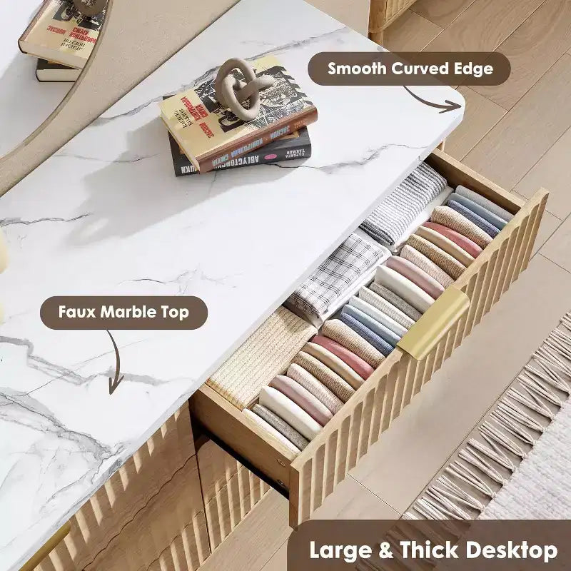 9 Drawers Fluted Dresser, Modern Chest, Wooden Dresser TV Stand, Curved Profile Design, for Living Room, Hallway