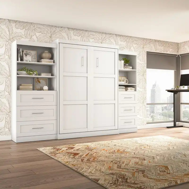 Murphy Bed and Two Shelving Units with Drawers 126-Inch Wall Bed