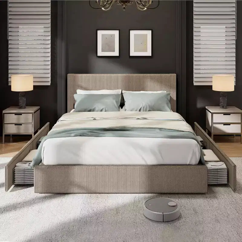 CuisinSmart Corduroy Bed Frame with Headboard, Platform Upholstered Bed Frame with 4 Storage Drawers and Wooden Slats Support