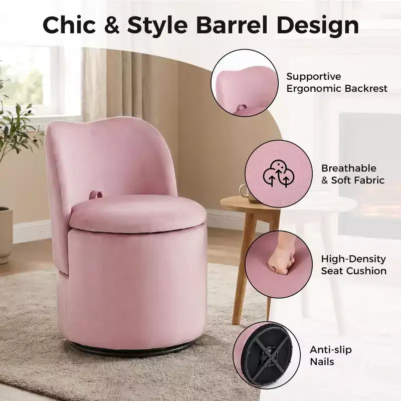 Swivel Vanity Chair with Storage, Upholstered Round Makeup Stool with Back, Soft Padded Barrel Accent Armchair for Bedroom & Living Room