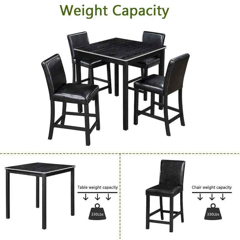 Ensemble de salle à manger moderne 5 pièces avec table carrée hauteur comptoir et 4 chaises rembourrées