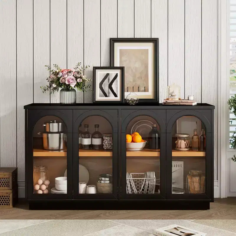 4-Door Large Storage Buffet Cabinet with Glass Doors, Arched Cabinet with Adjustable Shelves for Kitchen