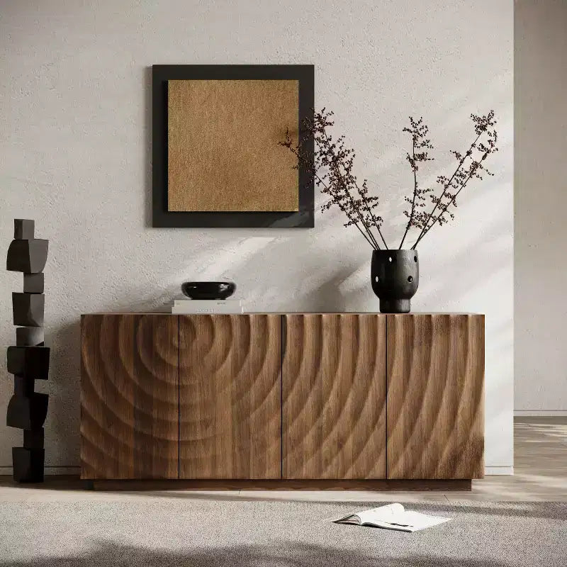 59 Modern Spiral Sideboard Buffet Cabinet, Low Profile Art Entryway Storage Cabinet with 3D Ripple Texture Doors