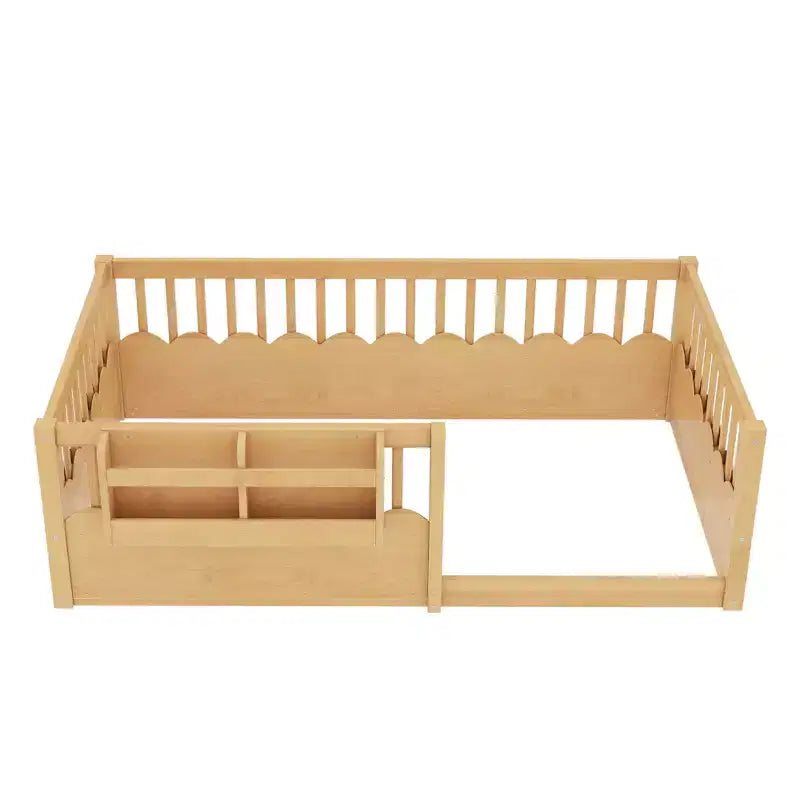 Bellemave Kids Floor Bed with Heightened Fence and Bookshelf, Wooden Twin Montessori Bed Frame for Girls Boys