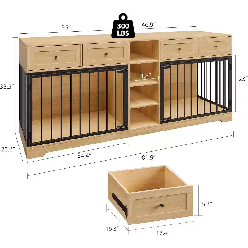 82 Double Dog Crate Furniture, Large Dog Kennel Indoor for 2 Dogs, Heavy Duty Wooden Dog Crate TV Stand with 4 Drawers and Shelves