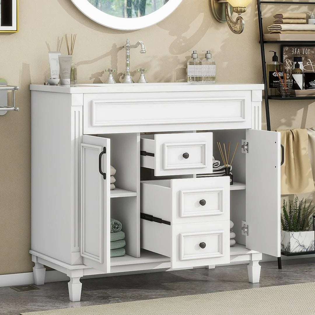 36'' Modern Bathroom Vanity with Top Sink and Mirror Cabinet,2 Doors and 2 Drawers