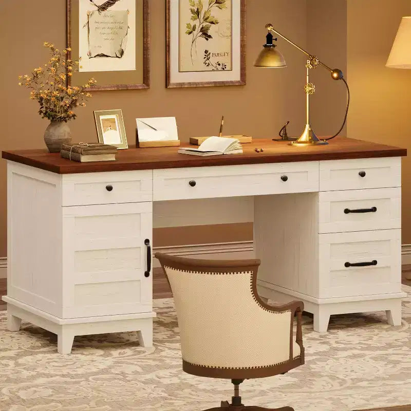 60 Executive Desk with Drawers, Home Office Desk with Charging Station, Wooden Computer Writing Desk for Study, Conference Table for Living Room