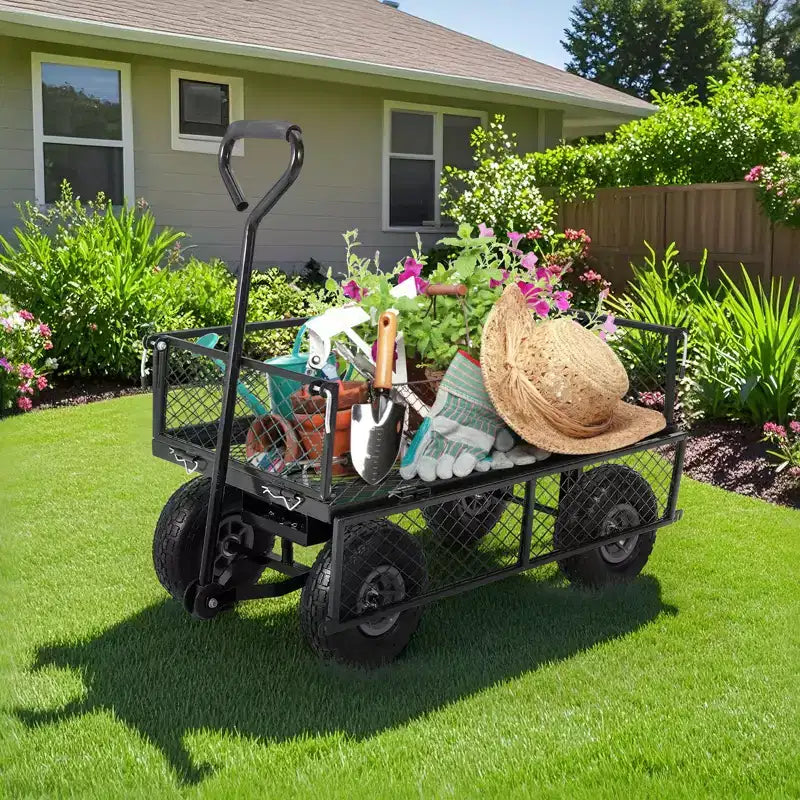 Heavy Duty Steel Garden Cart Wagon, 500 Lbs, Folding Utility Wagon with Removable Mesh Sides & Liner, 10 Pneumatic Tires, Pull Handle