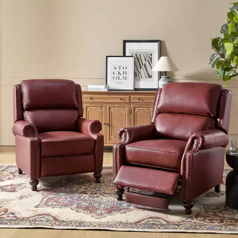 Set of 2 Elisabete Modern Wingback Genuine Leather Recliner with Vintage Nail Head Trim for Living Room and Bedroom| ART OF LIVING DESIGNS