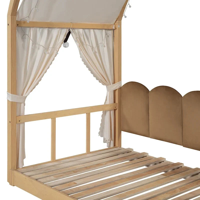 Solid Wood Playhouse Platform Bed Floor Montessori Bed Frame with Arched Roof and Trundle for Girls and Boys