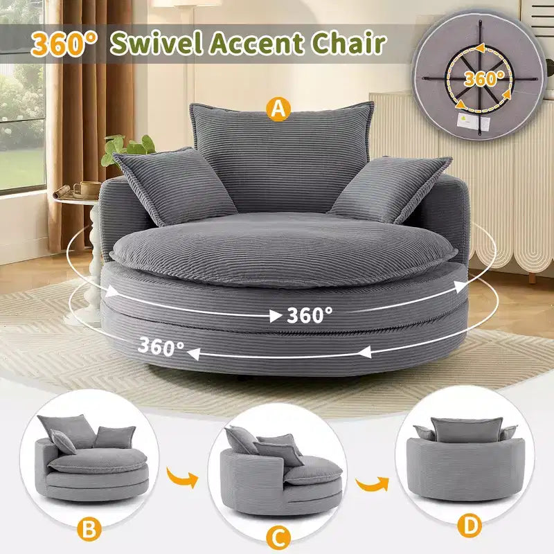 Fauteuil d'appoint pivotant à 360°, Fauteuil pivotant rond en forme de baril avec coussin pour salon
