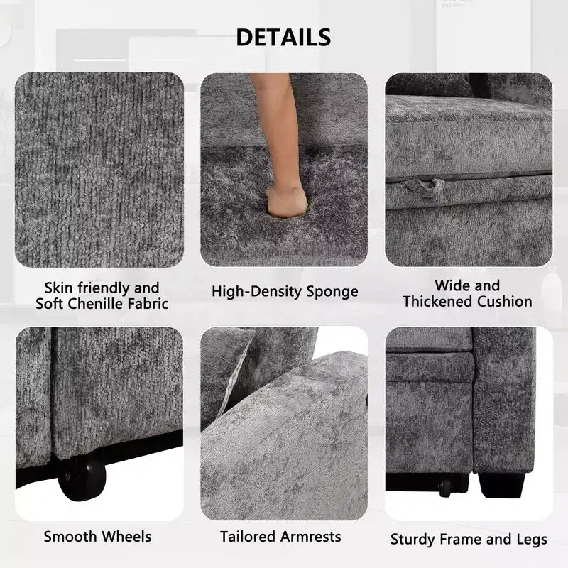 61.6 Modern Chenille Convertible Sofa Bed with USB Ports, Cup Holders & Adjustable Backrest for Living Room, Apartment