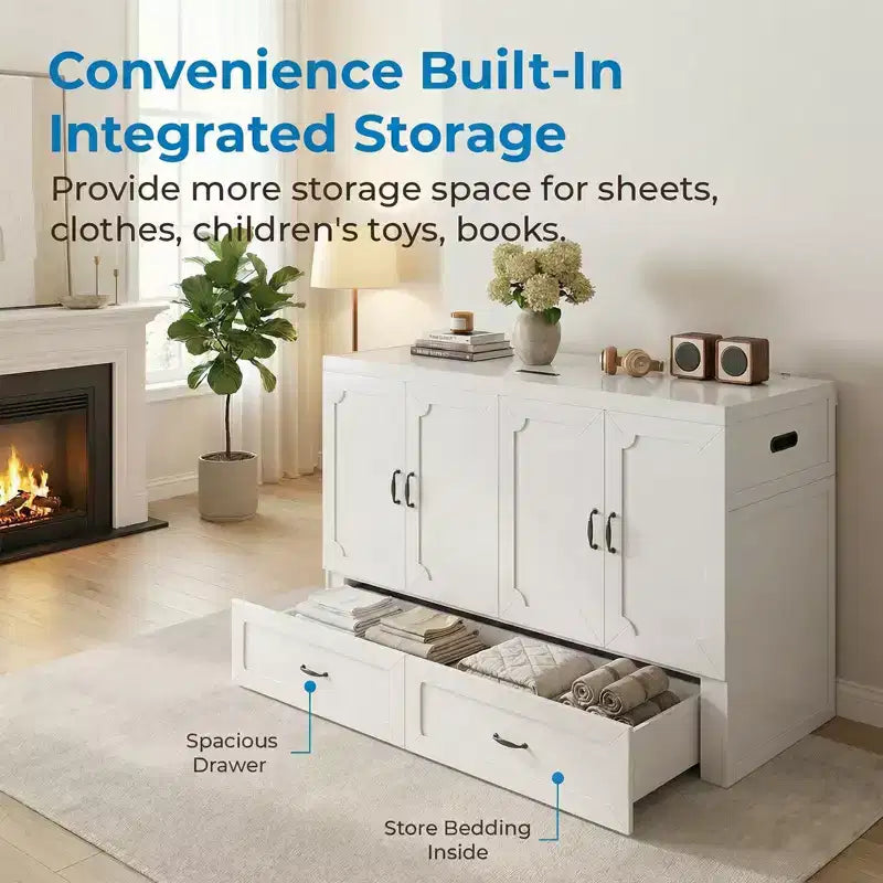 Mjkone Queen Size Convertible Murphy Cabinet Bed with Mattress, USB Charging, Storage Drawers