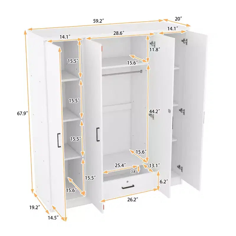 Wood 4-Door Wardrobe Armoire with Hanging Rod, 1-Drawer and Storage Shelves