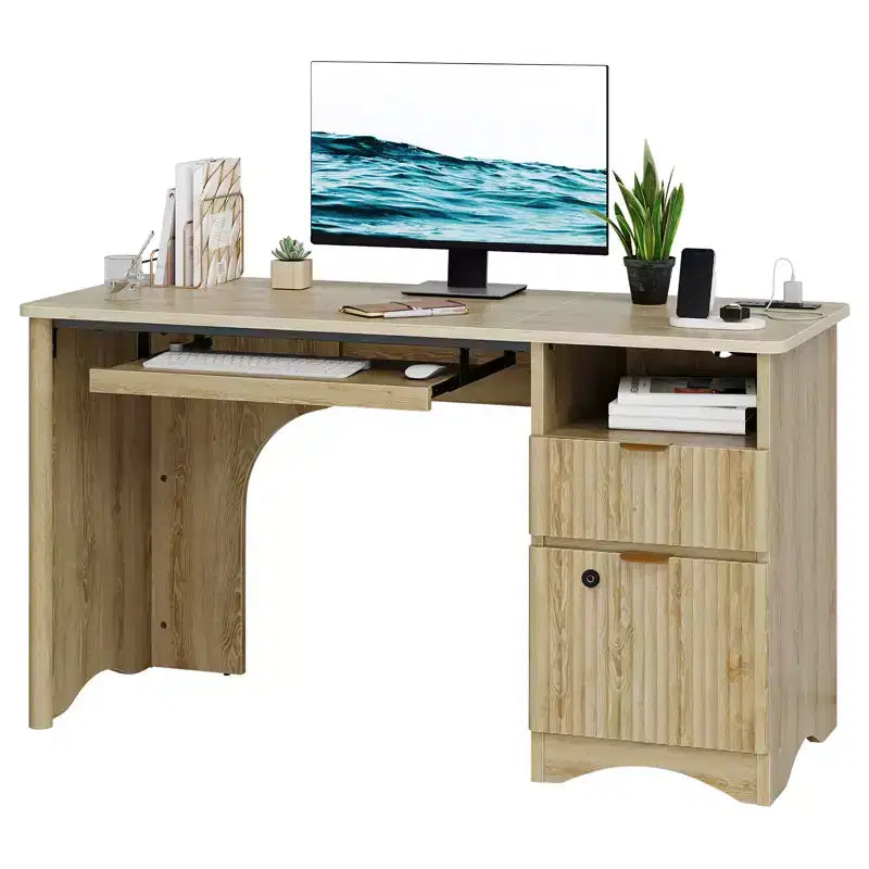Bestier 55 Smart Computer Desk, Oak Writing Desk with File Drawers and Power Outlet, Executive Office Desk with Open Storage and Keyboard Tray