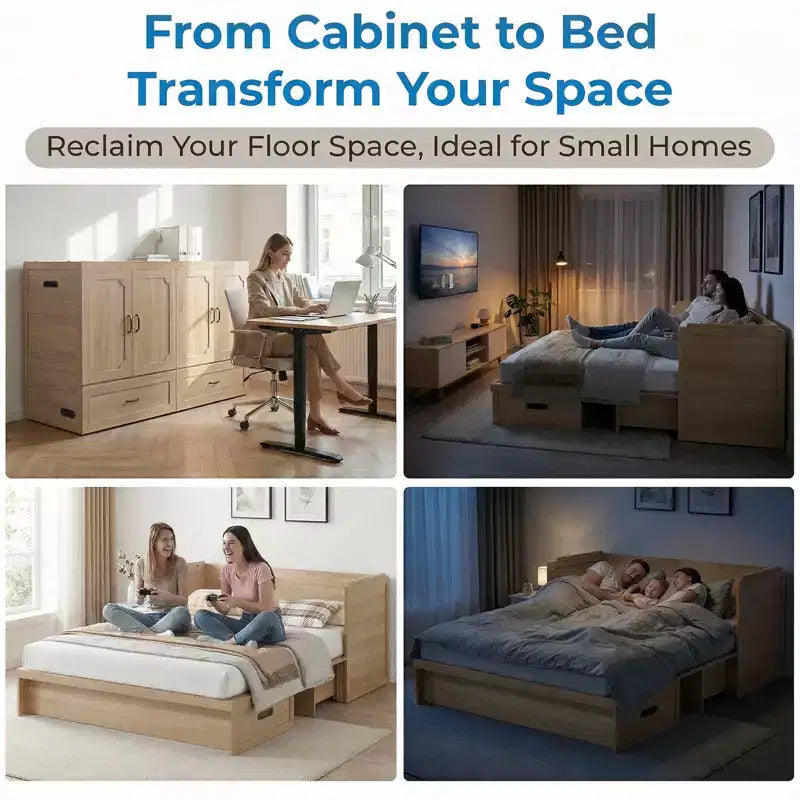 Mjkone Queen Size Convertible Murphy Cabinet Bed with Mattress, USB Charging, Storage Drawers