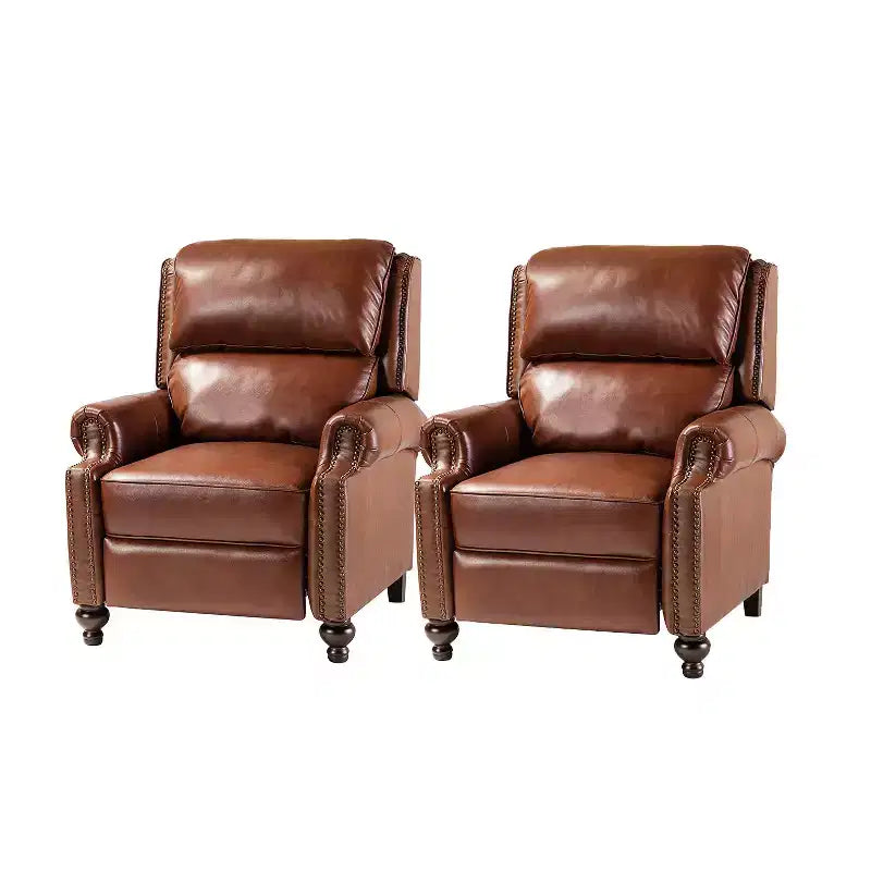 Ensemble de 2 fauteuils inclinables modernes en cuir véritable Elisabete avec garniture cloutée vintage pour salon et chambre à coucher | ART OF LIVING DESIGNS