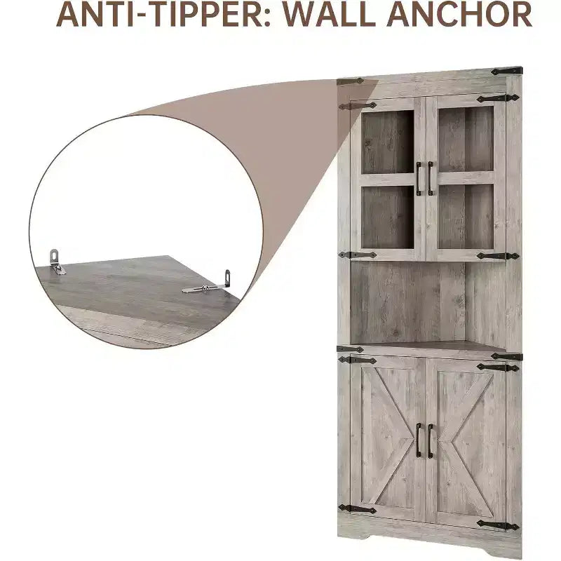 69 Tall Corner Cabinet, Farmhouse Corner Storage Cabinet, Space Saving Storage, Glass Door, Adjustable Shelves, for Living Room, Kitchen