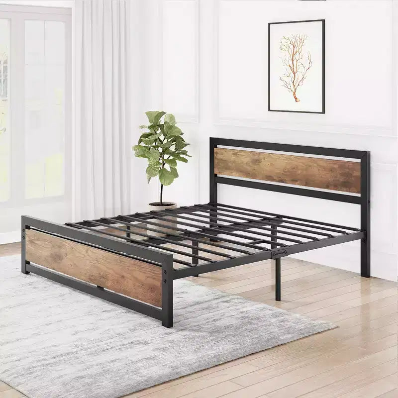 Heavy Duty Bed Frame with Headboard and Footboard, Metal Platform with 13.8 Storage, Noise Free & Tool-Free Assembly, Vintage Brown