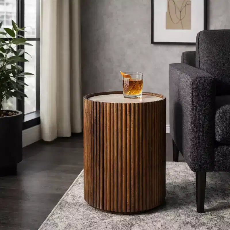 Decorative Ribbed Wooden Side Table with Marble Top and Storage - Small Home Decor Table Stand for Bedroom or Living Room Decor