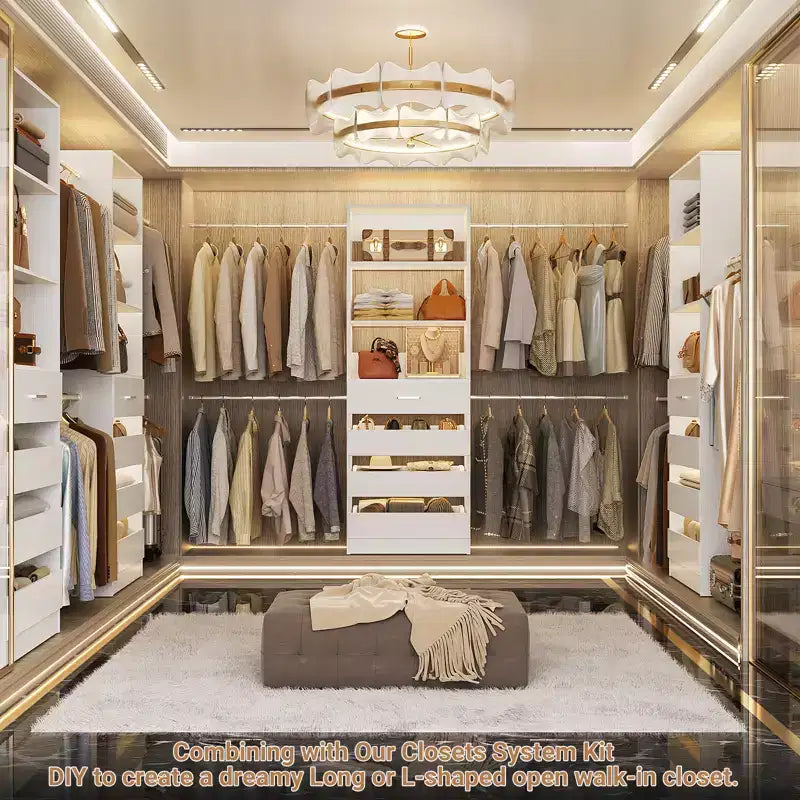 Besiost 4-9 Ft Wooden Closet Organizer System with 4 Drawers, 4 Hanging Rods & Shelving Towers