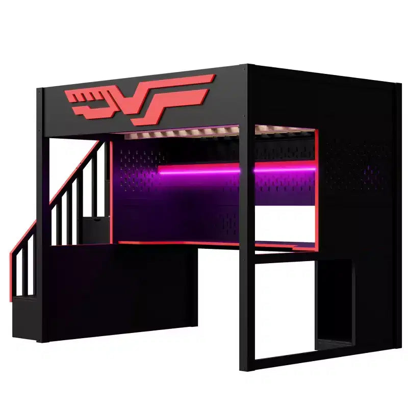 Lit mezzanine pleine grandeur pour gamer avec bureau et lumière LED, lit surélevé pleine grandeur en bois avec escalier de rangement et USB, rouge + noir