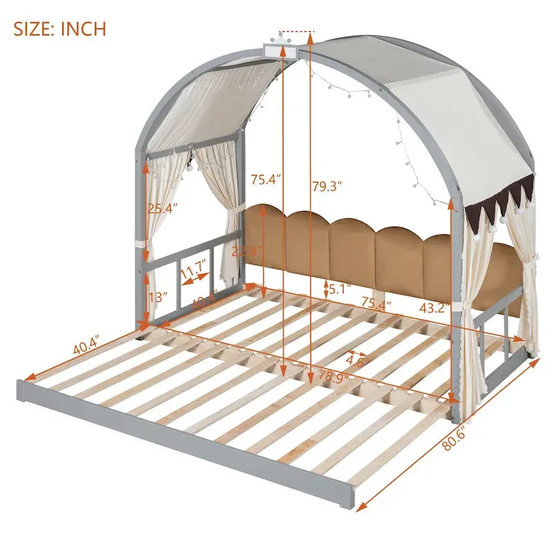 Solid Wood Playhouse Platform Bed Floor Montessori Bed Frame with Arched Roof and Trundle for Girls and Boys