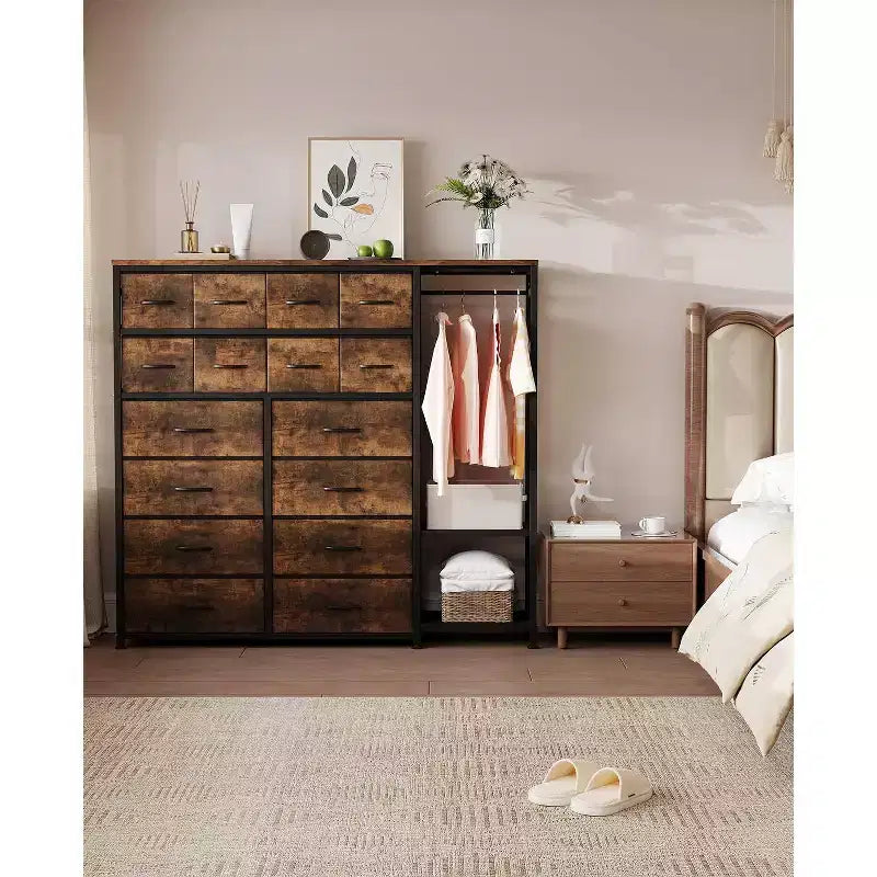 Dresser with 16 Drawers & Hanging Rod & Shelves, Fabric Storage Organizer for Bedroom, Closet, or Entryway