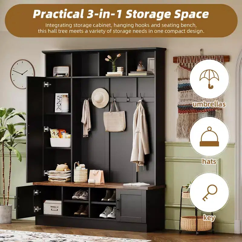 Entryway Hall Tree With Shoe Bench, Multifunctional Coat Rack with 6 Hook,Wood Hallway Coat Hanger with Shoe Storage for Entryway Living Room