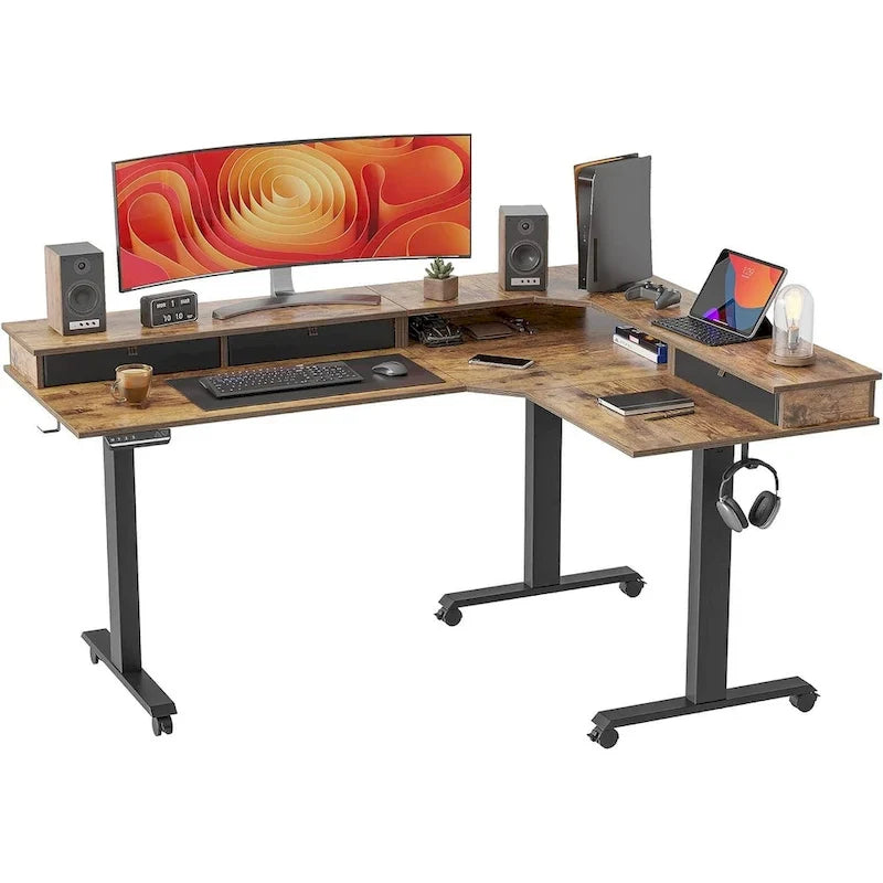 L-Shaped Electric Standing Desk with 3 Drawers & Lockable Casters, 63