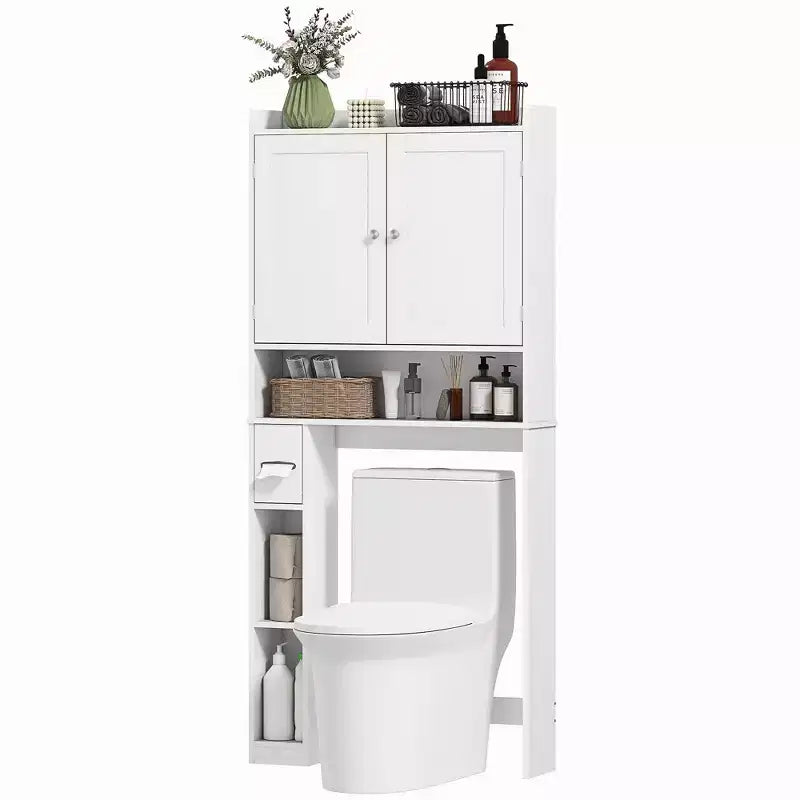 Meuble de rangement WC HOMCOM, Armoire de salle de bain moderne au-dessus des toilettes avec 2 portes, porte-papier toilette, étagère WC autoportante