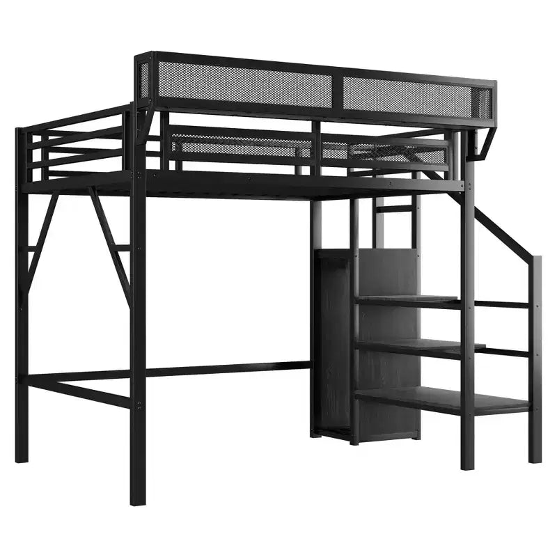 Okak 94IN Twin Size Loft Bed with Wardrobe, Twin Bed with Storage Shelves and Basket, Bed Frames for Bedroom, Dormitory