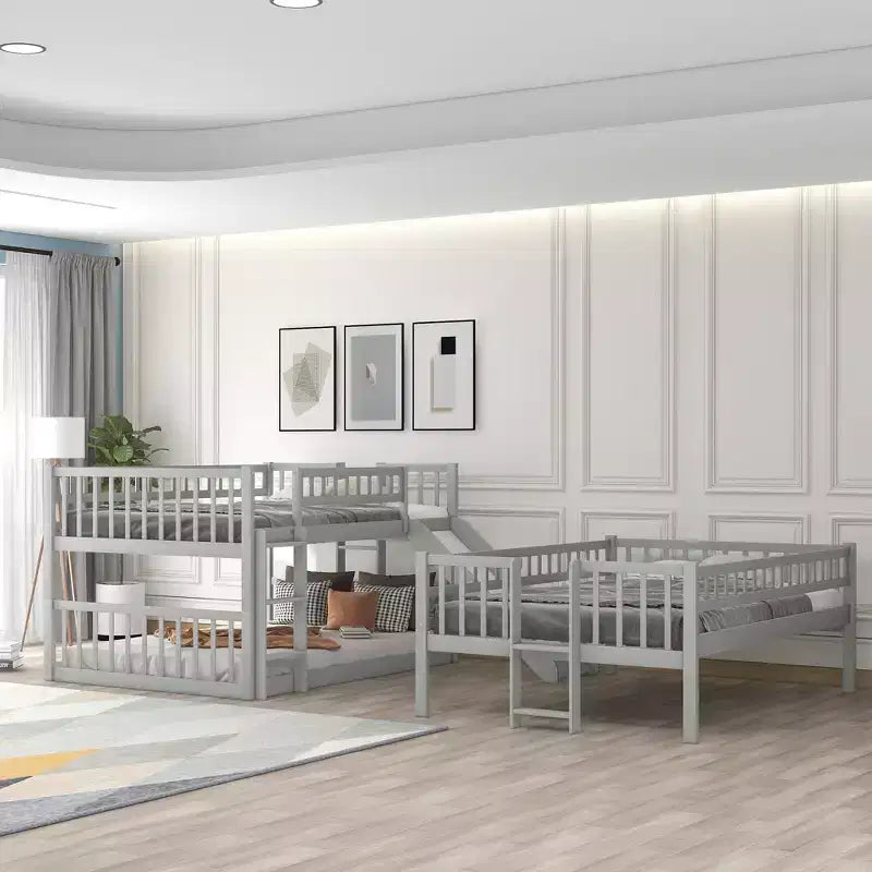 Full Over Full Triple Bunk Bed with Convertible Ladder and Slide, Triple Bed with Guardrails, White/Gray/Espresso - ModernLuxe