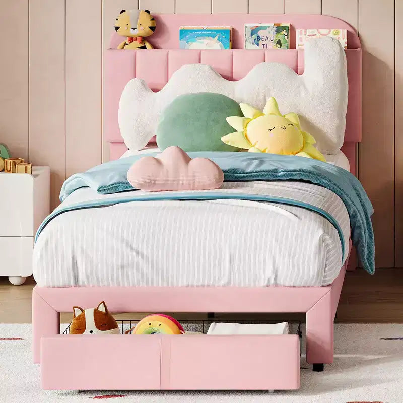 2 Pack Twin Bed Frame with Storage Drawers & Headboard, Velvet Upholstered, Low Profile, Noise-Free, Easy Assembly Pink
