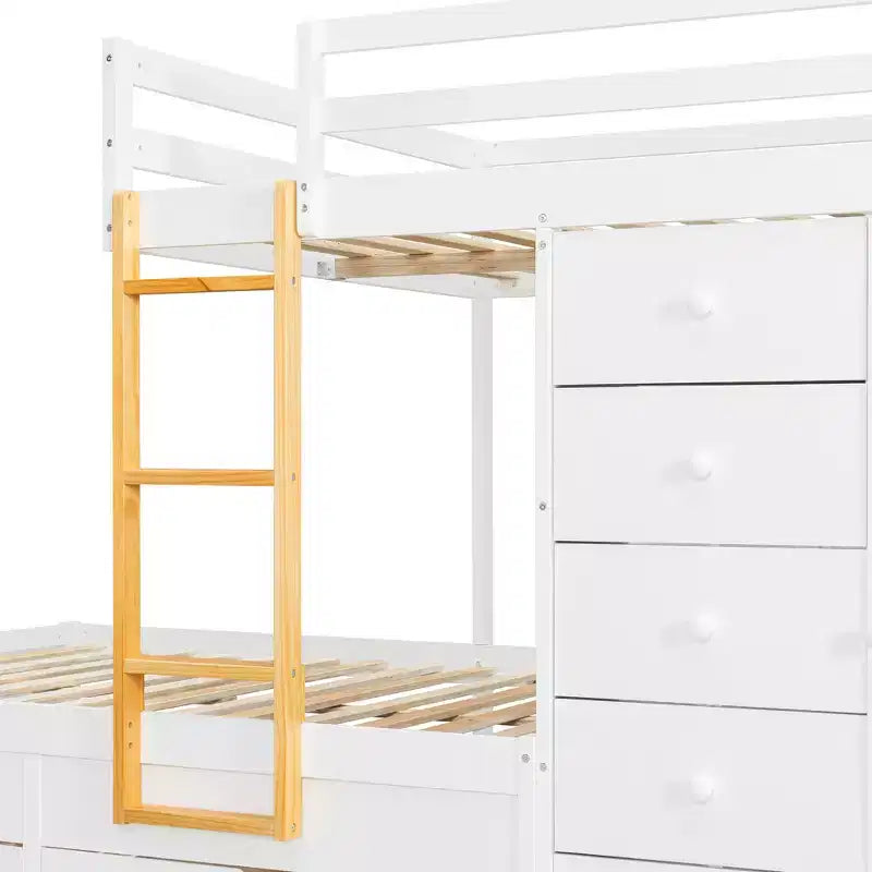 Lit superposé double sur double avec armoire de rangement et tiroirs, lit superposé double en bois peu encombrant avec garde-corps pour appartement, chambre à coucher