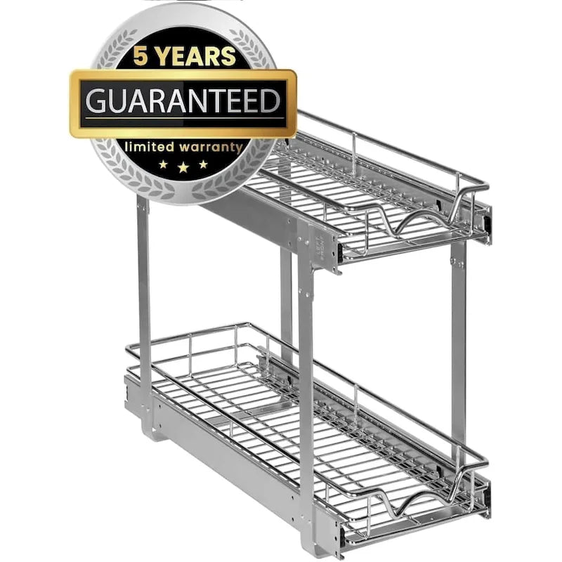 Pull Out Cabinet Organizer 2 Tier  Heavy Duty Metal with Lifetime Limited Warranty - Anti Rust Chrome Finish