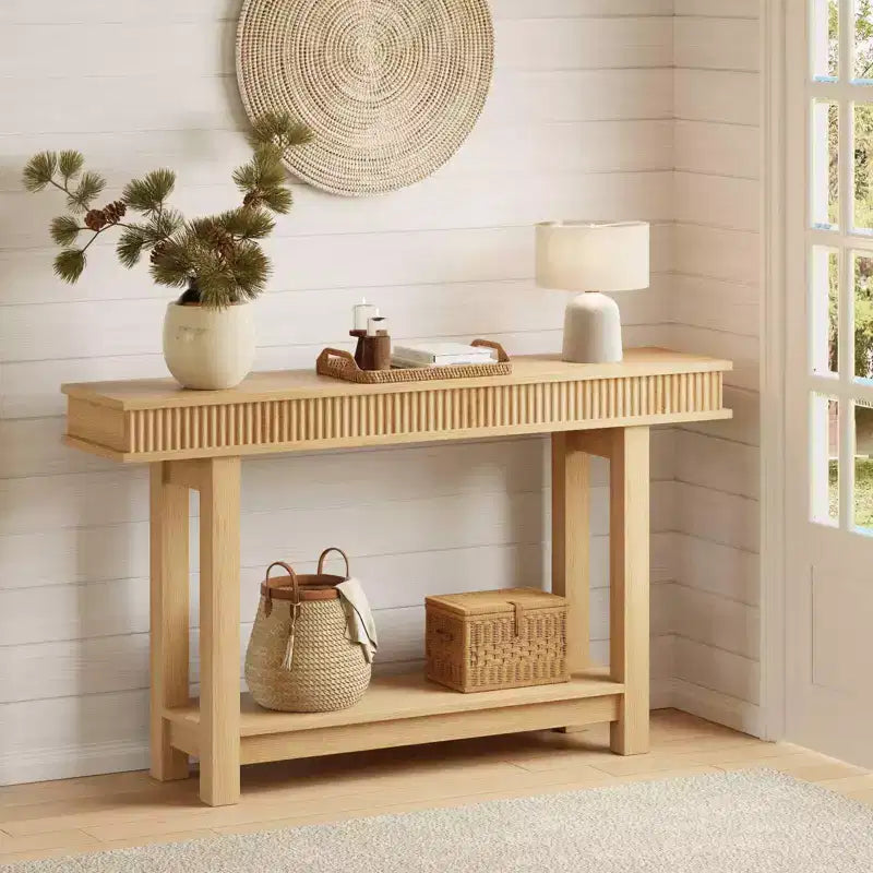 Fluted Wooden Console Table Farmhouse 2 Tier with Shelf Storage Rectangular Narrow Entryway Table Behind Couch for Foyer Hallway Living Room