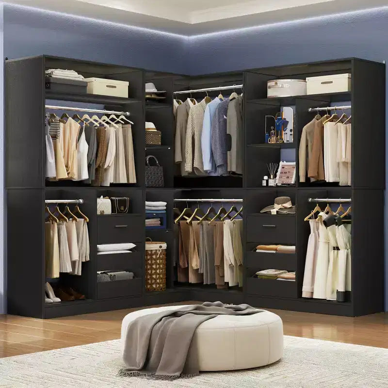 Besiost Set of 3 Corner Closet System with Tower Shelves and Drawers, Freestanding Closet Organizer with Hanging Rods